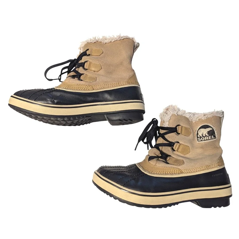 Sorel Womens Size 9 Tivoli Winter Boots Leather Insulated Waterproof Tan Black